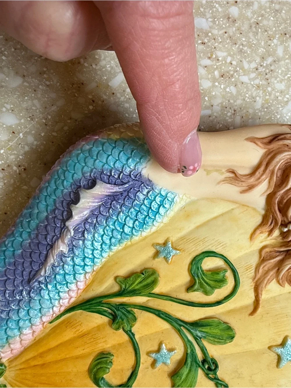 Mermaid Scale Hand Mirror with Green Leaf Accents